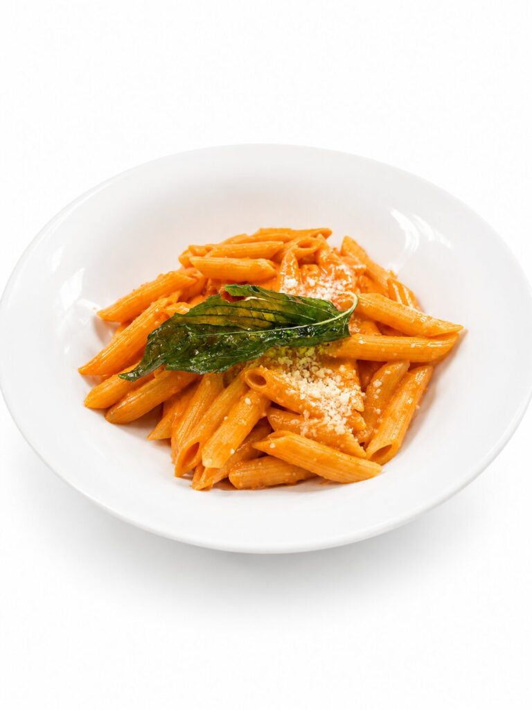 Fresh pasta topped with San Marzano vodka cream sauce and crispy fried basil served at a luxury wedding reception at Lakeview Pavilion in Foxborough, Massachusetts.