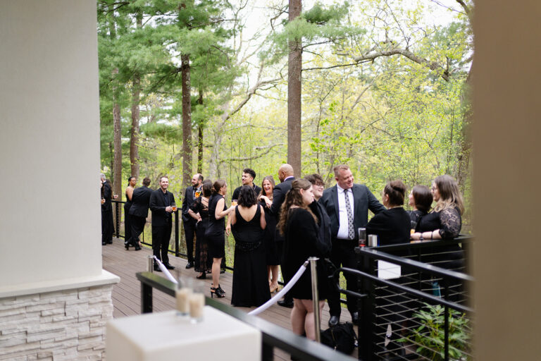 Wedding guests gathering before an outdoor ceremony at Lakeview Pavilion in Foxborough, Massachusetts.