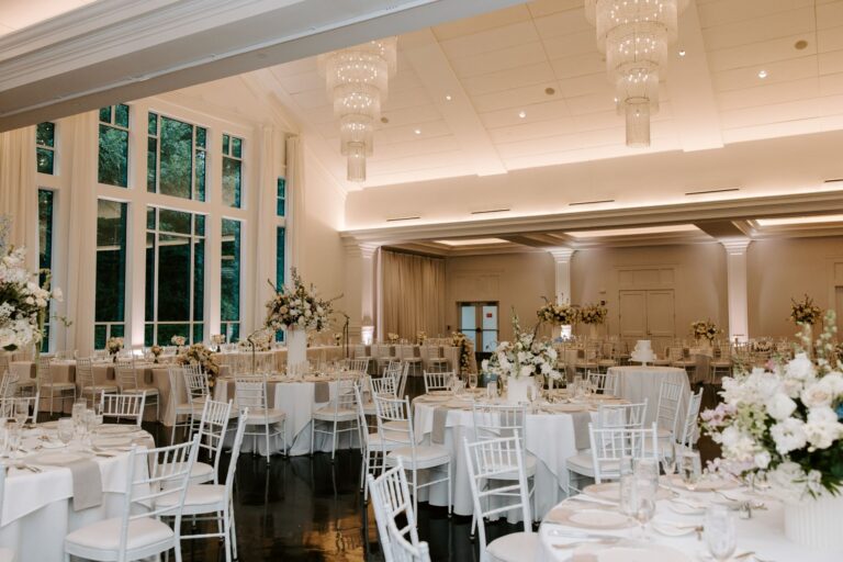 Elegant wedding reception in the Lakeside Ballroom at Lakeview Pavilion, a luxury waterfront wedding venue in Foxborough, Massachusetts.