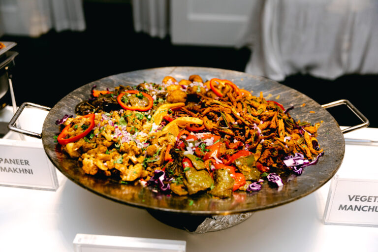 Tandoori vegetable display served during a wedding reception at Lakeview Pavilion in Foxborough, Massachusetts, featuring roasted seasonal vegetables with vibrant herbs and spices.
