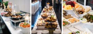 Wedding cocktail hour food displays including charcuterie, Mediterranean Meze, and artisan appetizer stations at Lakeview Pavilion in Massachusetts