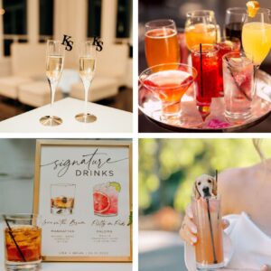 Signature wedding cocktails and personalized drink menu during cocktail hour at Lakeview Pavilion in Massachusetts