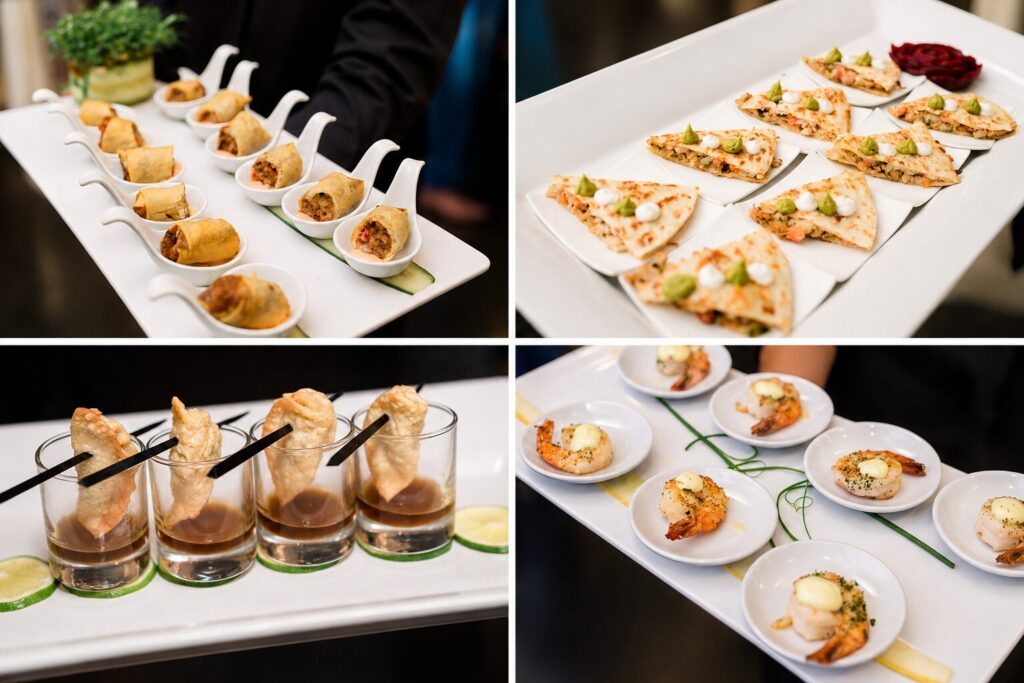 Chef-crafted passed hors d'oeuvres served during wedding cocktail hour at Lakeview Pavilion, a luxury waterfront wedding venue in Foxborough, Massachusetts.
