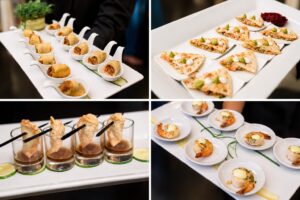 Chef-crafted passed hors d'oeuvres served during wedding cocktail hour at Lakeview Pavilion, a luxury waterfront wedding venue in Foxborough, Massachusetts.