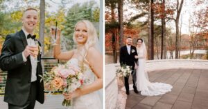 Newlyweds celebrating with waterfront portraits during a fall wedding at Lakeview Pavilion in Foxborough, Massachusetts.
