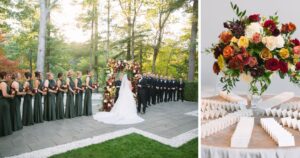 Outdoor fall wedding ceremony and autumn floral centerpiece at Lakeview Pavilion, a luxury waterfront wedding venue in Foxborough, Massachusetts.